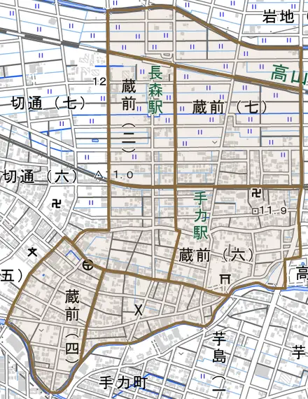蔵前とその周辺の地図。町の範囲を重ねている