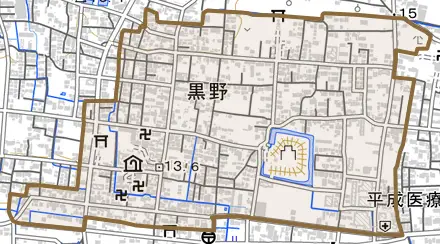 黒野とその周辺の地図。町の範囲を重ねている