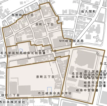 京町とその周辺の地図。町の範囲を重ねている