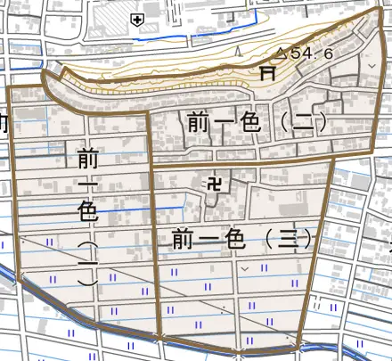 前一色とその周辺の地図。町の範囲を重ねている