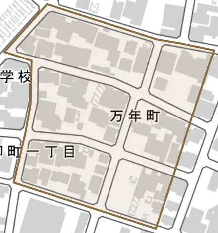 万年町とその周辺の地図。町の範囲を重ねている