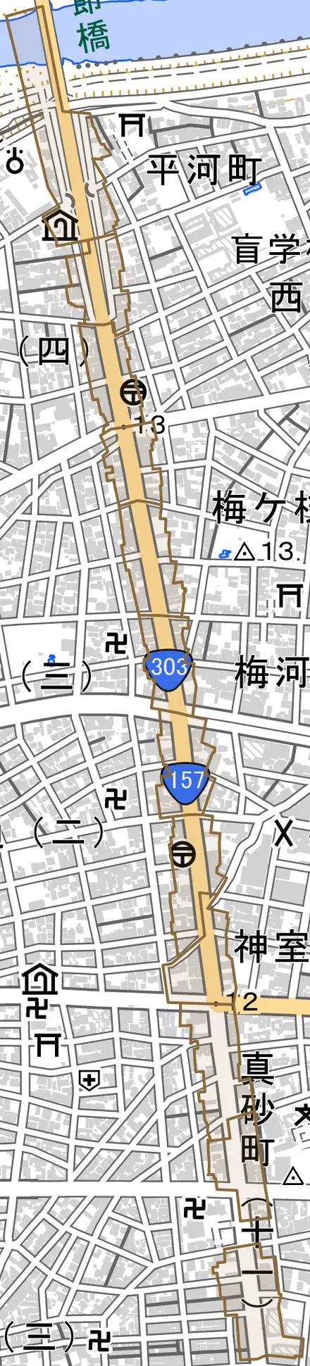真砂町とその周辺の地図。町の範囲を重ねている