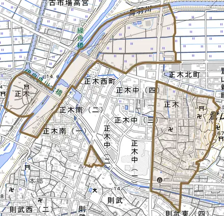正木とその周辺の地図。町の範囲を重ねている
