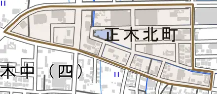 正木北町とその周辺の地図。町の範囲を重ねている