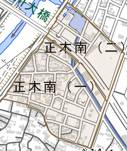 正木南とその周辺の地図。町の範囲を重ねている