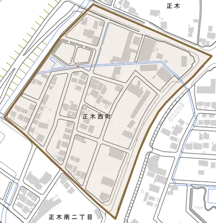 正木西町とその周辺の地図。町の範囲を重ねている