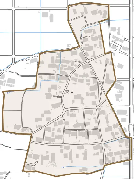 交人とその周辺の地図。町の範囲を重ねている