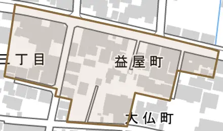 益屋町とその周辺の地図。町の範囲を重ねている