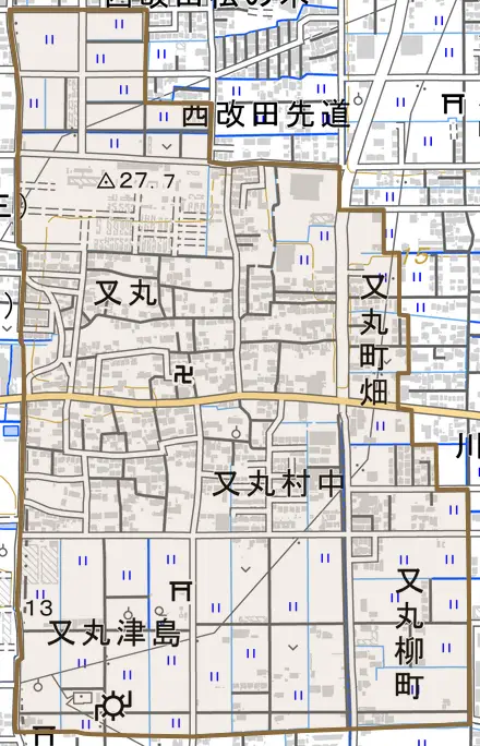 又丸とその周辺の地図。町の範囲を重ねている