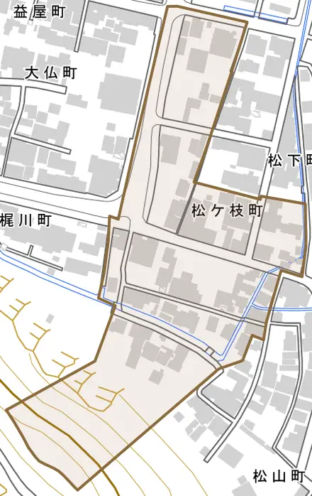 松ケ枝町とその周辺の地図。町の範囲を重ねている