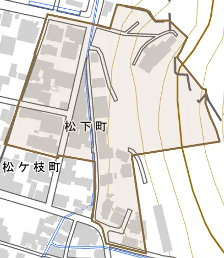 松下町とその周辺の地図。町の範囲を重ねている