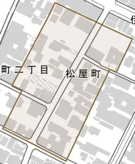 松屋町とその周辺の地図。町の範囲を重ねている