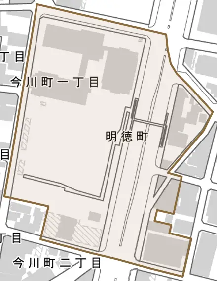 明徳町とその周辺の地図。町の範囲を重ねている
