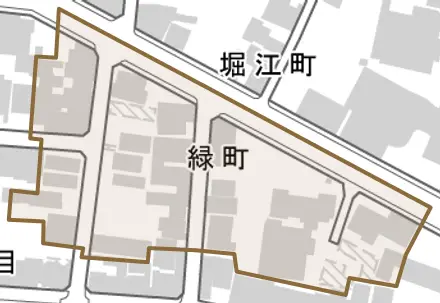 緑町とその周辺の地図。町の範囲を重ねている