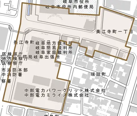 美江寺町とその周辺の地図。町の範囲を重ねている