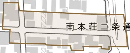 南本荘二条通とその周辺の地図。町の範囲を重ねている