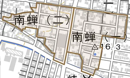 南蝉とその周辺の地図。町の範囲を重ねている