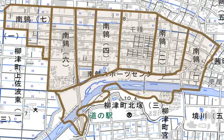 南鶉とその周辺の地図。町の範囲を重ねている
