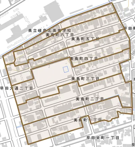 美島町とその周辺の地図。町の範囲を重ねている