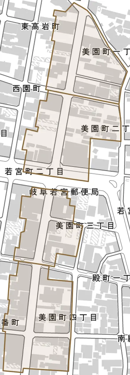 美園町とその周辺の地図。町の範囲を重ねている