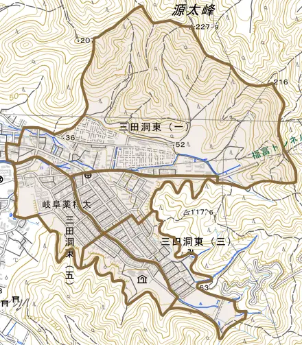 三田洞東とその周辺の地図。町の範囲を重ねている