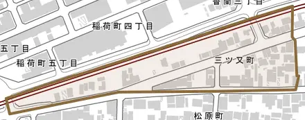 三ツ又町とその周辺の地図。町の範囲を重ねている