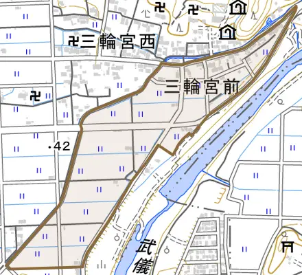 三輪宮前とその周辺の地図。町の範囲を重ねている