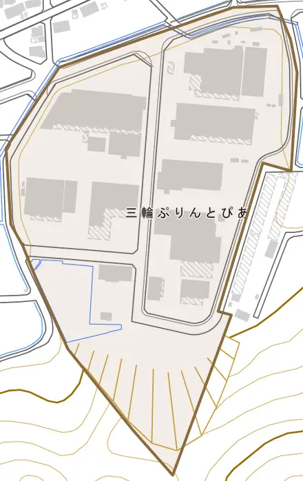 三輪ぷりんとぴあとその周辺の地図。町の範囲を重ねている