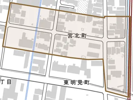 宮北町とその周辺の地図。町の範囲を重ねている