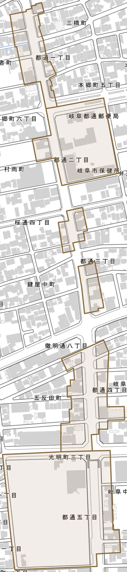 都通とその周辺の地図。町の範囲を重ねている