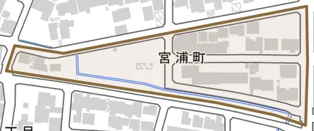 宮浦町とその周辺の地図。町の範囲を重ねている