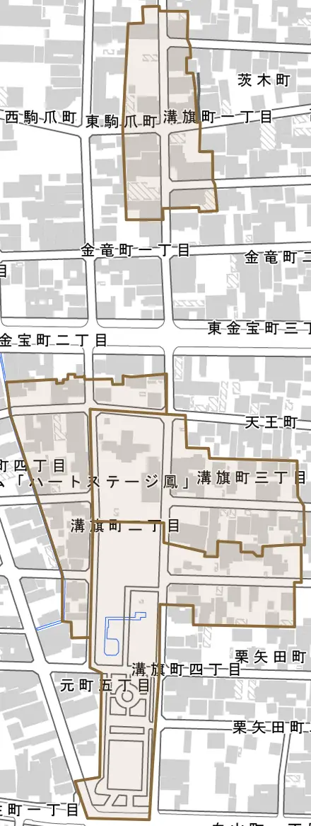 溝旗町とその周辺の地図。町の範囲を重ねている