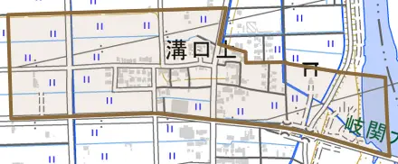 溝口上とその周辺の地図。町の範囲を重ねている