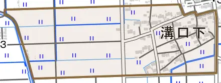 溝口下とその周辺の地図。町の範囲を重ねている
