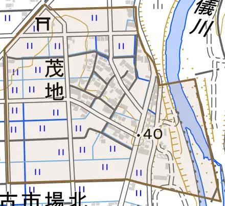 茂地とその周辺の地図。町の範囲を重ねている