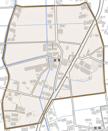 森東とその周辺の地図。町の範囲を重ねている