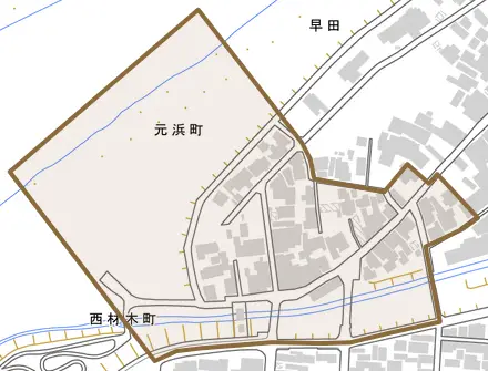 元浜町とその周辺の地図。町の範囲を重ねている