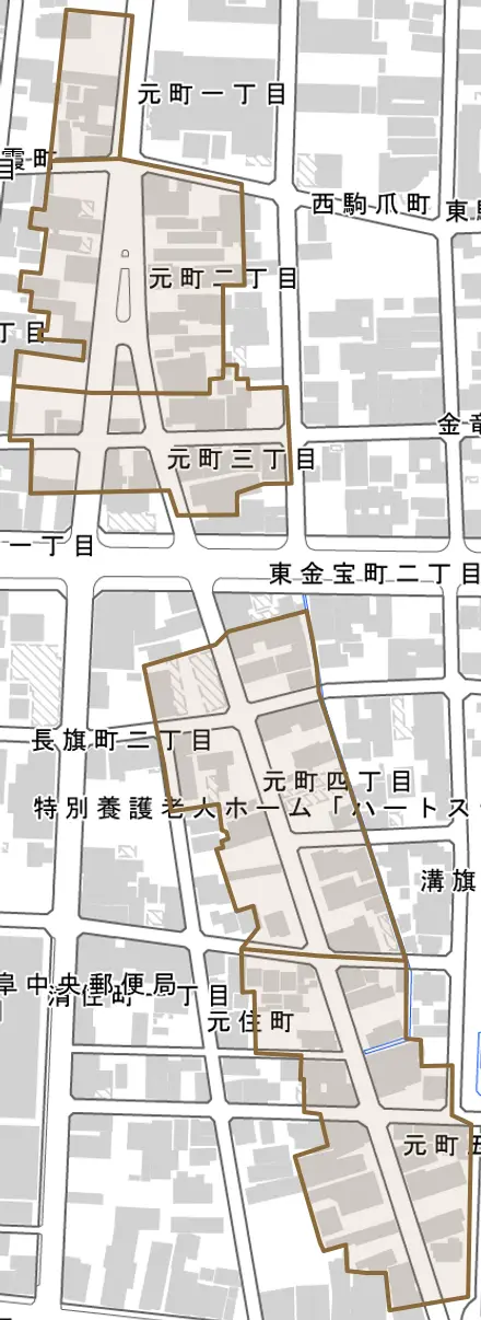 元町とその周辺の地図。町の範囲を重ねている