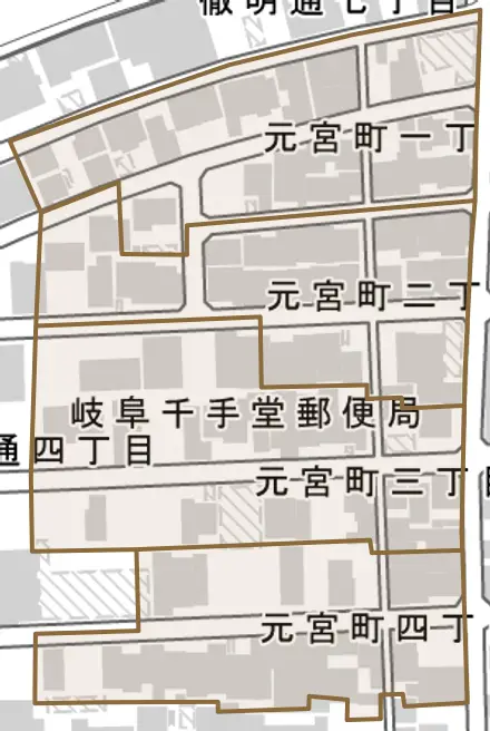 元宮町とその周辺の地図。町の範囲を重ねている