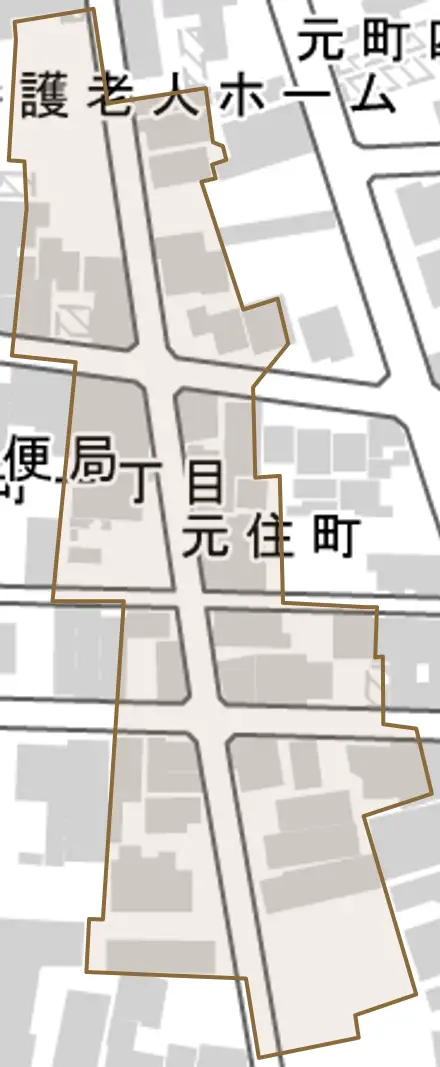 元住町とその周辺の地図。町の範囲を重ねている