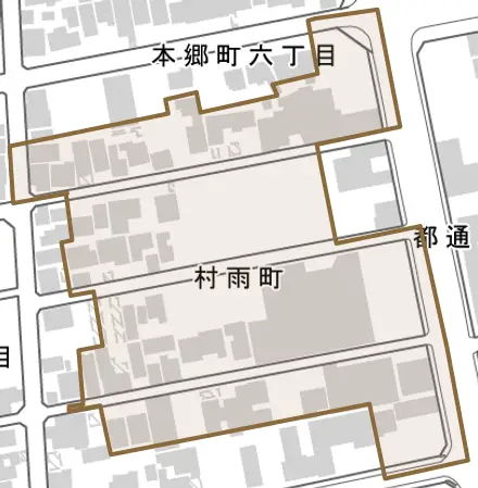 村雨町とその周辺の地図。町の範囲を重ねている
