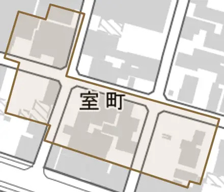 室町とその周辺の地図。町の範囲を重ねている