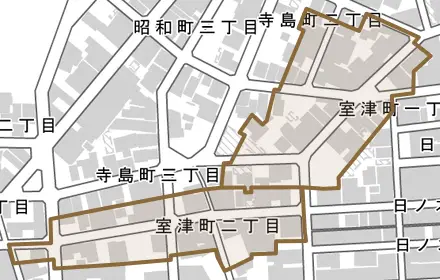 室津町とその周辺の地図。町の範囲を重ねている