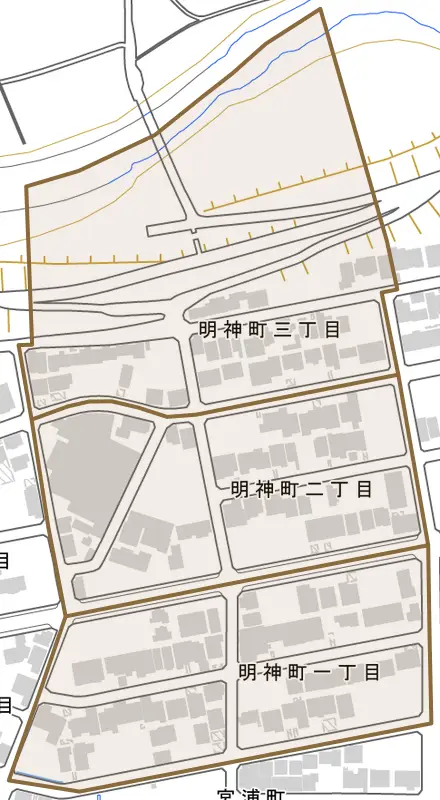 明神町とその周辺の地図。町の範囲を重ねている