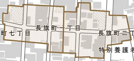 長旗町とその周辺の地図。町の範囲を重ねている