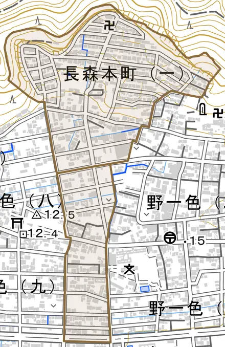 長森本町とその周辺の地図。町の範囲を重ねている