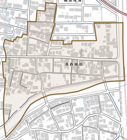 長森細畑とその周辺の地図。町の範囲を重ねている