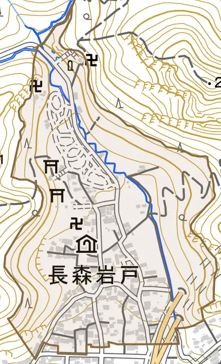 長森岩戸とその周辺の地図。町の範囲を重ねている