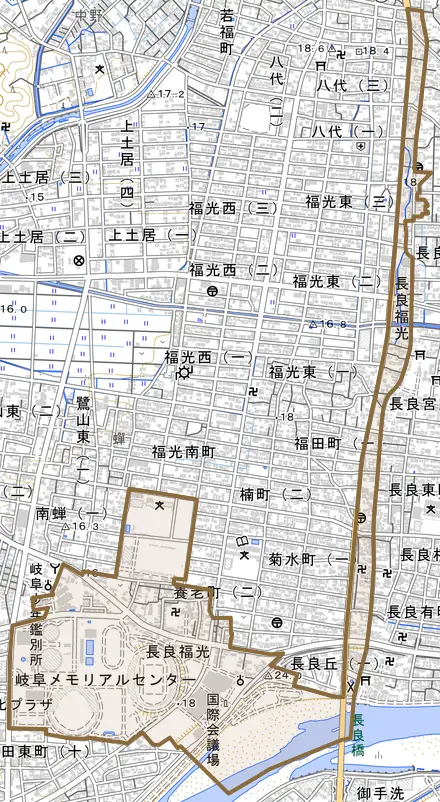 長良福光とその周辺の地図。町の範囲を重ねている