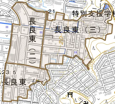 長良東とその周辺の地図。町の範囲を重ねている